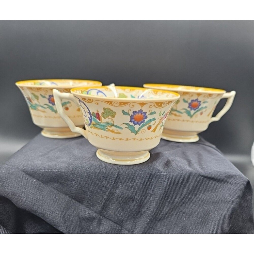 Syracuse China Old Ivory Shalimar Cups Bird Castle Scene Set Of 3 USA